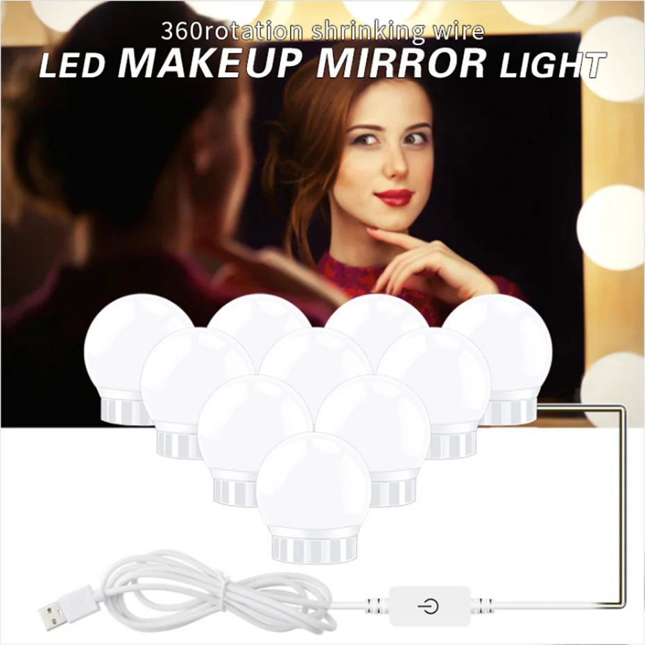 

Hollywood Style Vanity Mirror Light Bulbs USB Charging Touch Adjustable Brightness Makeup Light 2/6/10/14 LED Makeup Mirror Bulb