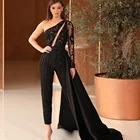 Женский вечерний комбинезон на одно плечо, черное кружевное платье со съемной юбкой, расшитое бисером, для выпускного вечера, 2021