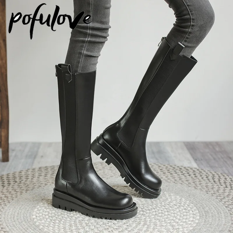 

Pofulove Women's Boots Leather Knee High Black Boots Riding Platform Botas Spring Fall Shoes Fashion Chunky Boots