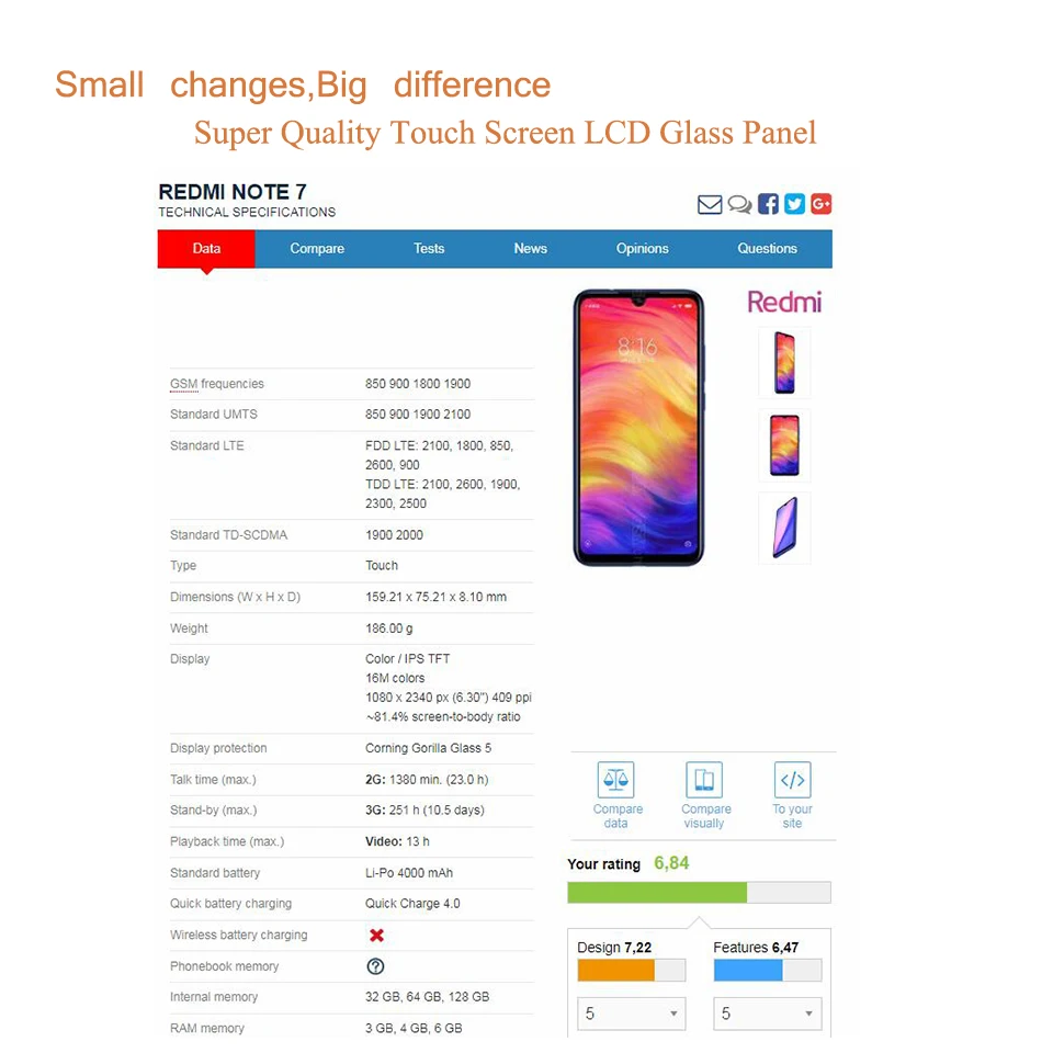 Панель сенсорного экрана для Xiaomi Redmi Note 7 Pro передняя внешняя стеклянная линза