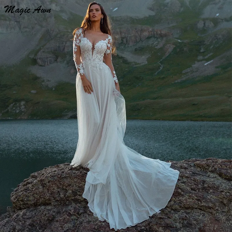

Женское пляжное свадебное платье Magic Awn, кружевное платье-трапеция с длинными рукавами, аппликацией и шлейфом в стиле бохо, 2021