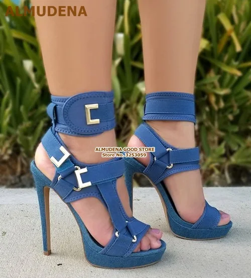 blue as picture ALMUDENA/новейшая модель; Босоножки на платформе с ремешком и пряжкой; цвет желтый, розовый; гладиаторские туфли для вечеринки на платформе; модельные туфли-лодочки с вырезами и металлическими украшениями - Цвет: blue as picture