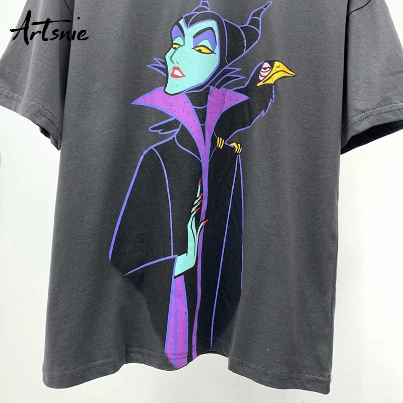 Artsnie summer 2020 cartoon print women t shirt o neck short sleeve tops female streetwear casual black gray t-shirt mujer | Женская