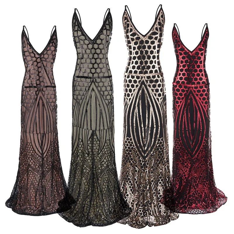 

Женское платье-Чарльстон в ретро стиле 1920-х годов с бриллиантами, бахромой, V-образным вырезом и блестками