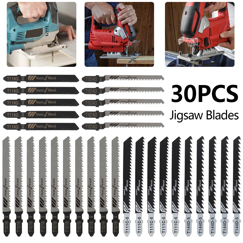 

30Pcs Universal Jig Saw Blade Set HCS Assorted Blades Fast Cut Jig Saw Knife Jig Saw Cutter Accessories For Wood Plastic Cutting