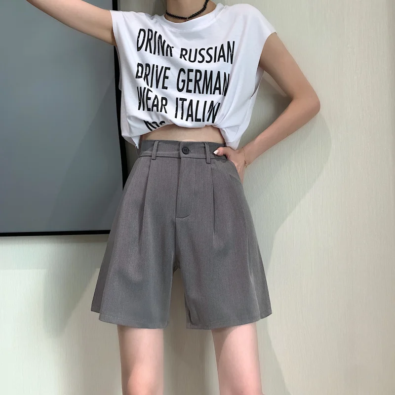 

2021 New Black Shorts Women Loose high waist wide leg Solid harajuku Straight Summer korean fashion black shorts