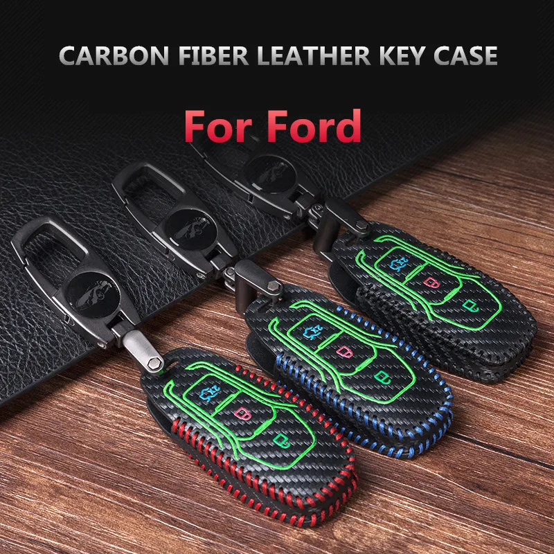 Car key case luminous Leather For Ford Mondeo Mustang C/S-Max Focus Galaxy Transit Tourneo Custom Fiesta Escort car holder | Автомобили и