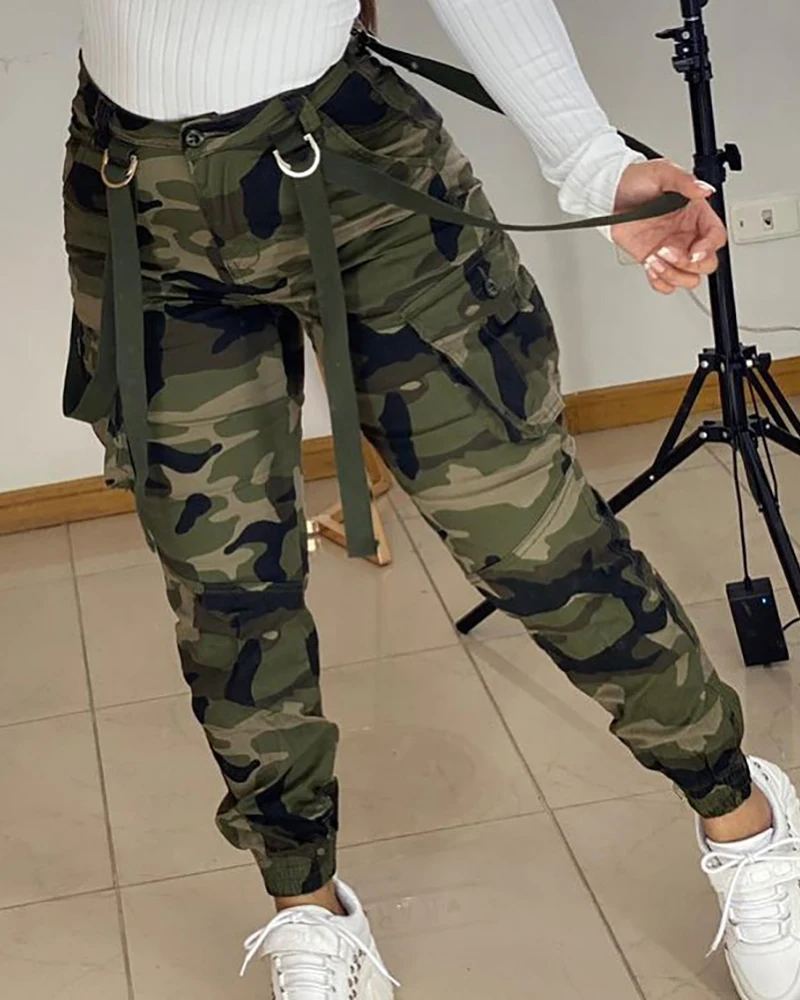 

Women Mid Waist Camouflage Pants Fashion Capri Trouser Ankle-Length Sweatpants Streetwear Camo Pocket Belted Pants Funny Women