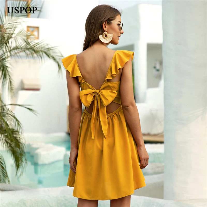 USPOP 2020 summer dress women backless Square Collar Funky Sleeve Bow Tie A-Line mini | Женская одежда