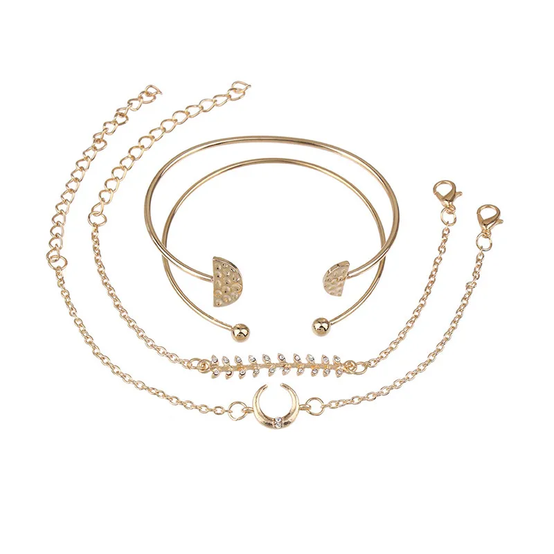 Retro Female Moon Leaves Round Crystal Gem Chain Opening Gold Geometry Beach Bracelet Set Fashion Jewelry Gift | Украшения и