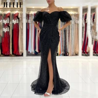 jeheth mermaid sequins off the shoulder evening dress sweetheart puff sleeves slit sweep train black women prom party gowns 2022