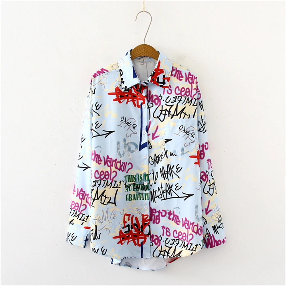 

Retro Loose Graffiti Print Shirt Women's Long Sleeve Top
