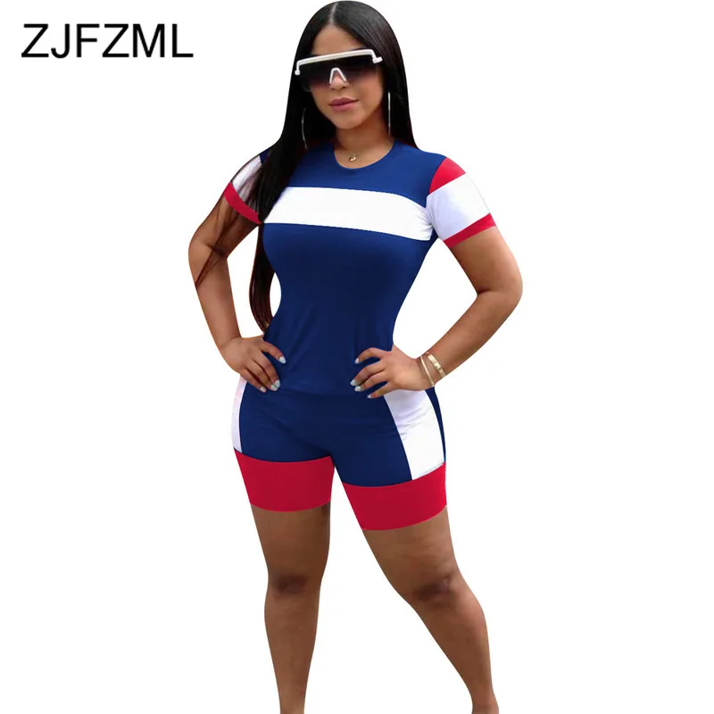 

Sexy 2 Piece Outfit Summer Clothes For Women 2021 Contrast Color Short Sleeve T Shirt Skinny Short Casual Plus Size Sweat Suits