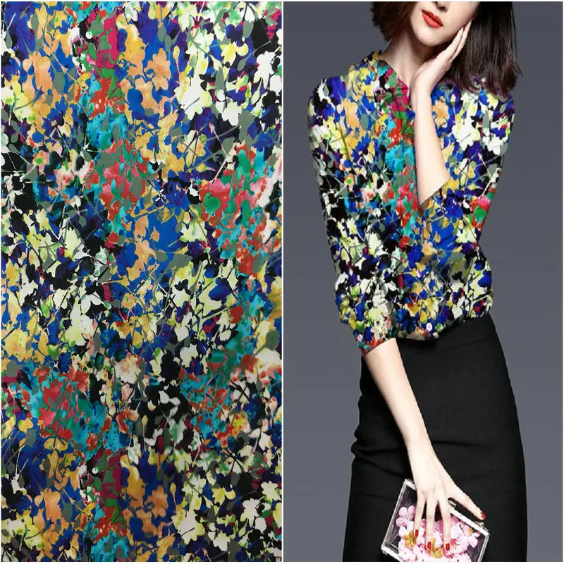 

108cm wide 19mm 97% mulberry silk & 3% spandex colorful leaf print stretch silk satin fabric for dress shirt clothes cheongsam 5