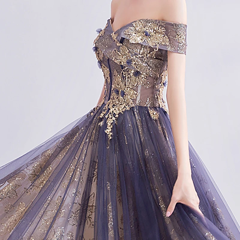 

Bespoke Occasion Dresses Illusion V-Neck Short Sequined Beading Lace Tulle Off The Shoulder Purple Women Engagement Gown TS080