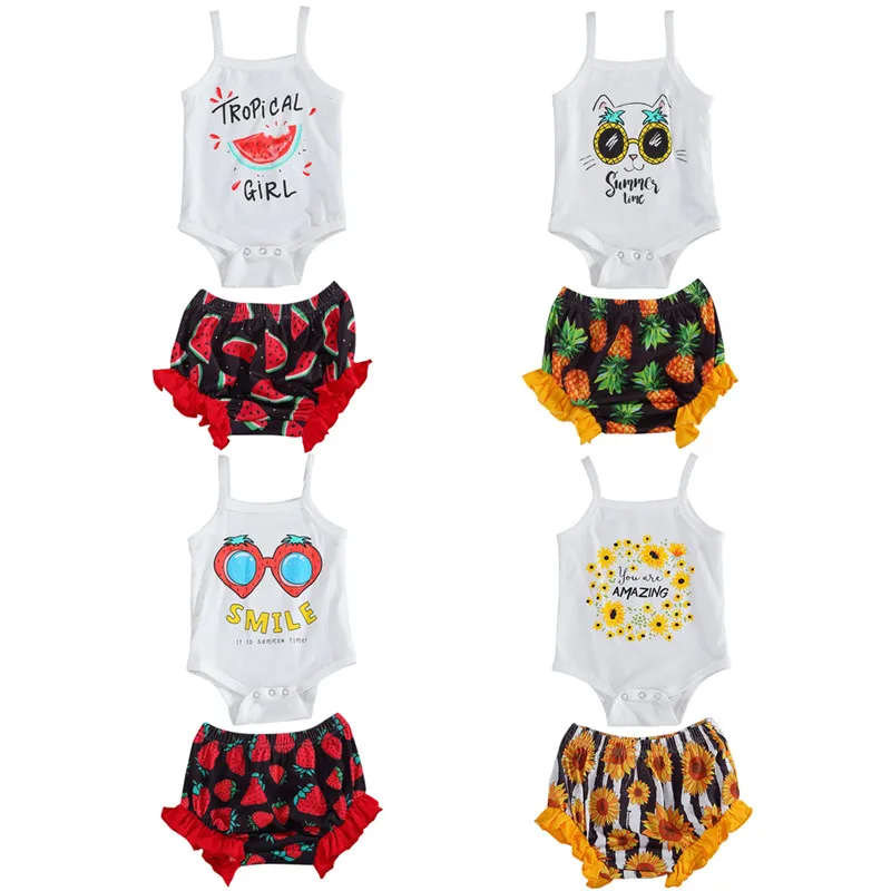 

Pudcoco Summer Baby Girl Cotton Clothes 4 Colors Cartoon Cat Print Sling Vest Tops+Ruffle Fruit Print High Waist Shorts 2Pcs Set