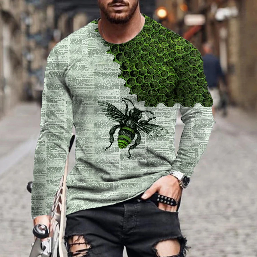 

2021 European and American summer fashion new casual cartoon print shirt bee simple long-sleeved men's T-shirt