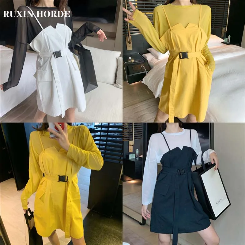 

Spring 2021 temperament sling A-line dress + wild mesh long-sleeved T-shirt two-piece sun protection suit