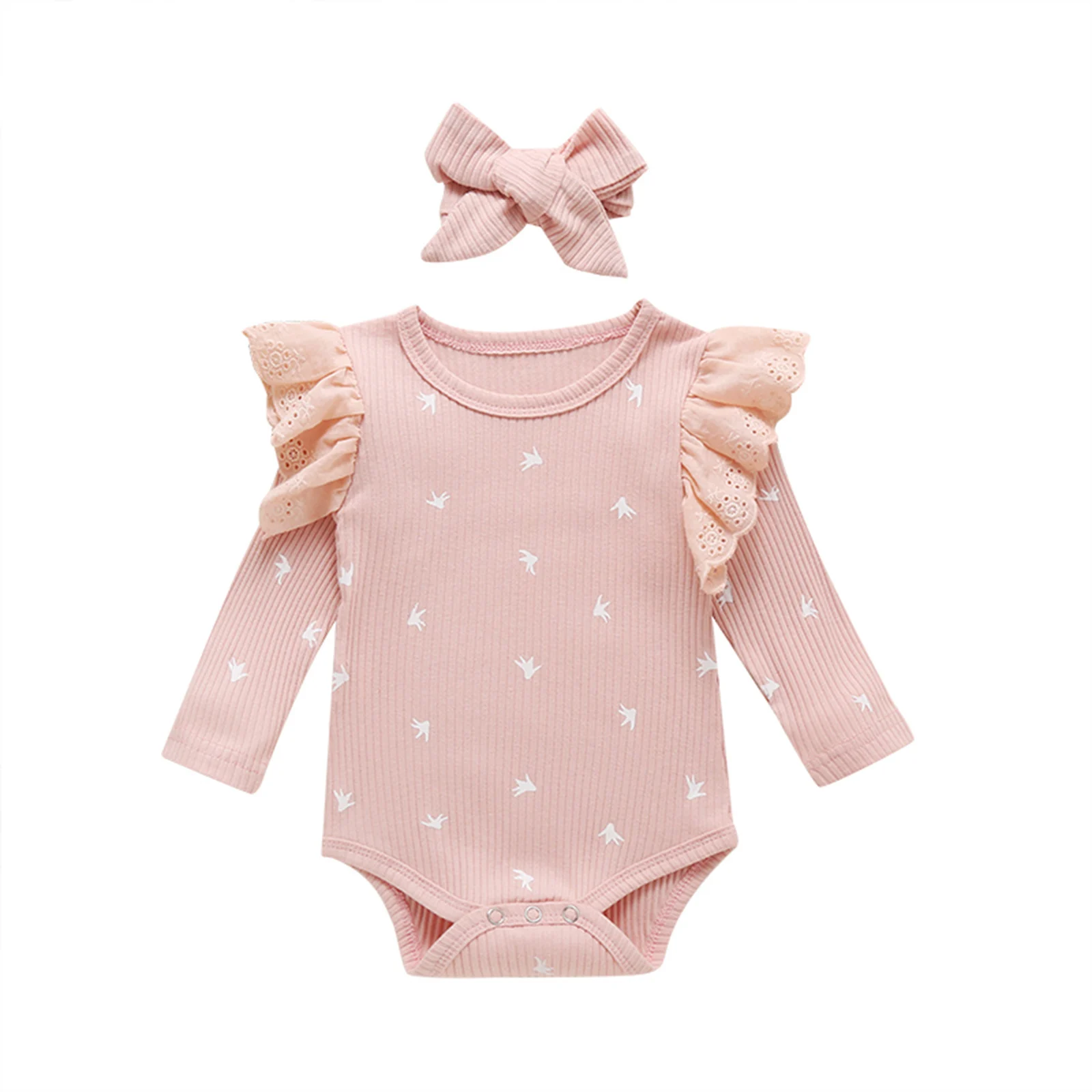 

Toddler Baby's Romper Round Neck Long Sleeve Bodysuit Headwear Casual Outfits Two-Piece Suit for Infant Baby Girls