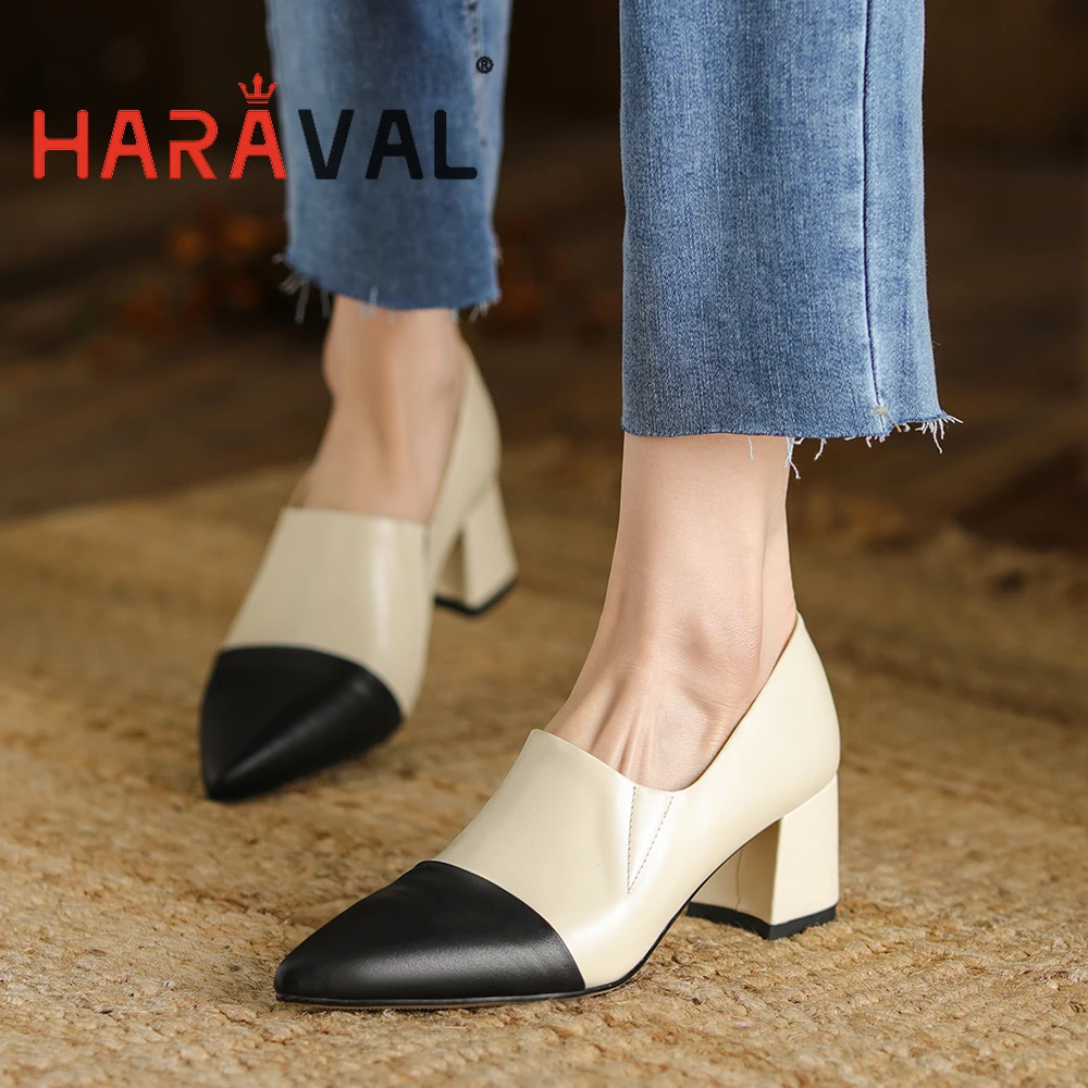 

HARAVAL Lady Slip On Thick Heels Pumps Slip On Pointed Toe Women Summer Shoes 5cm Casual Fashion Elegant Footwear Hanamade A159
