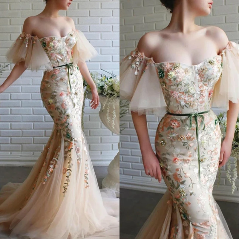 

2020 Sexy Mermaid Evening Gowns Lace Appliques Off The Shoulder Prom Dress Sweep Train Custom Made Specail Robes De Soirée