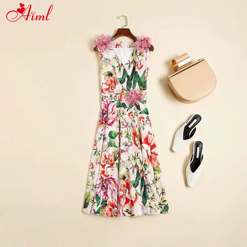 

Designer 2020 Runway Women's Summer Sleeveless Dress Female Sexy V-neck Flower Print Applique Fashion Party Dresses New Vestdios