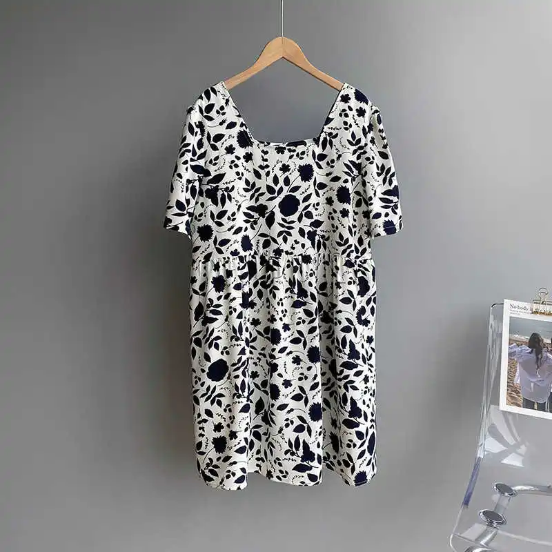 

COZOK Black and White Print Dress Women's 2021 Summer New Style Bubble Sleeve Square Neck Short Skirt 1938