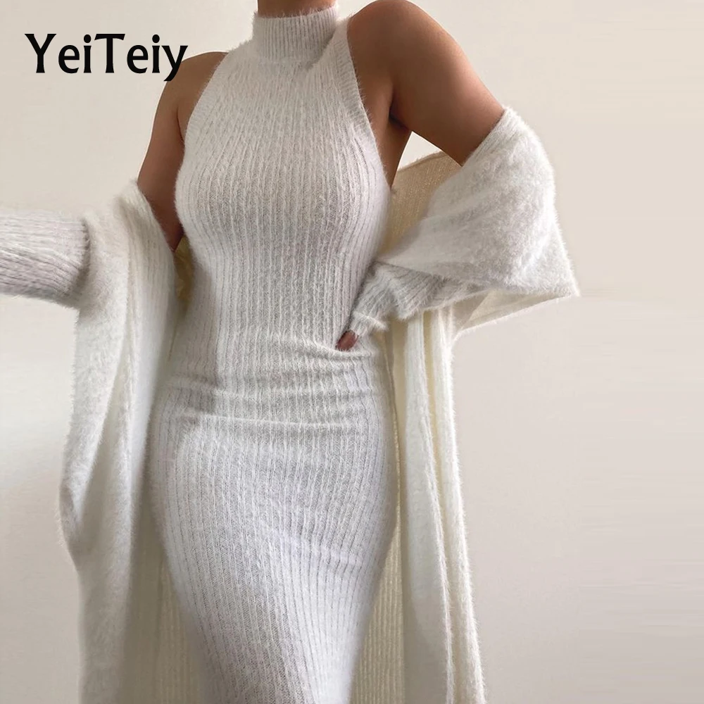 

Женское однотонное платье Yeiteiy с лямкой на шее, без рукавов, с морским конским ворсом, с высокой горловиной, облегающая юбка, элегантная пика...