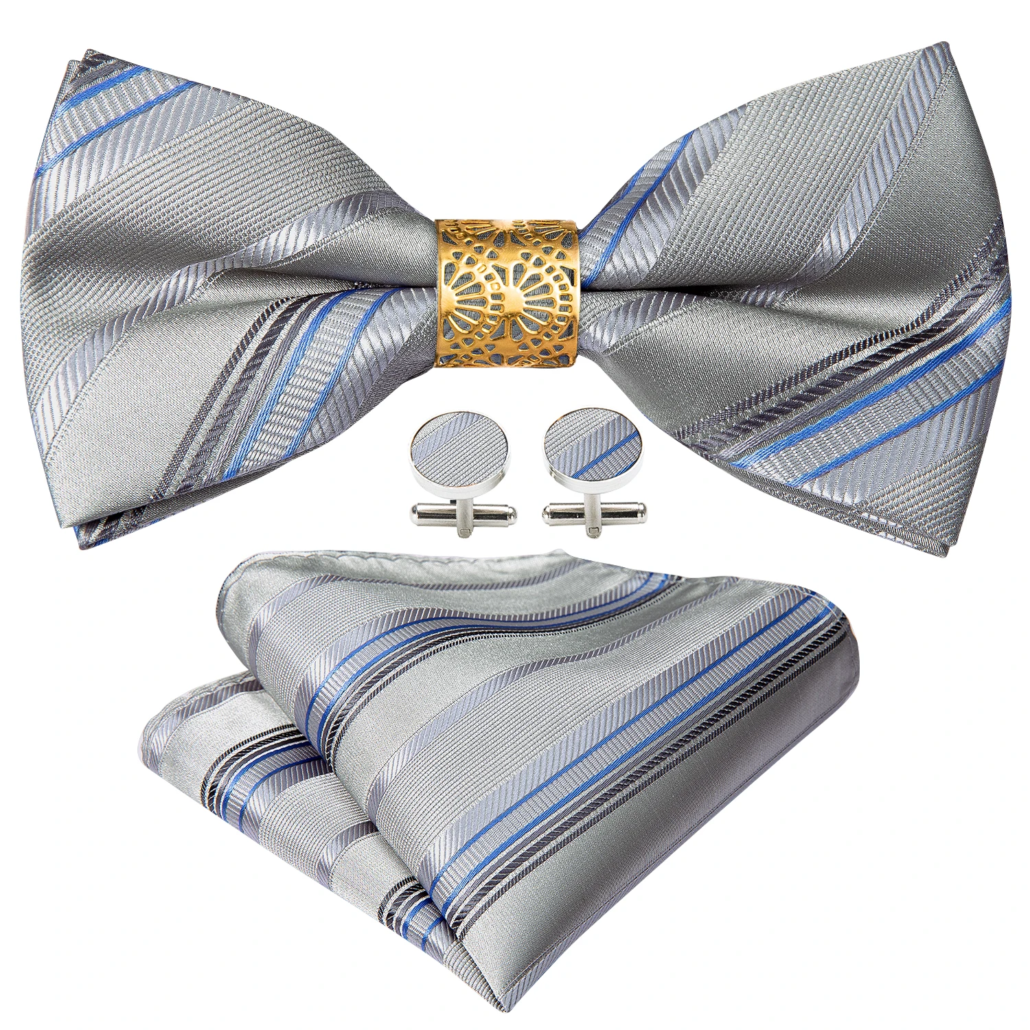 

Gray Striped Silk Pre-Bow Tie For Men Wedding Accessorie Adjustable Butterfly Handky Removable Gold Ring Set Barry.Wang W-851