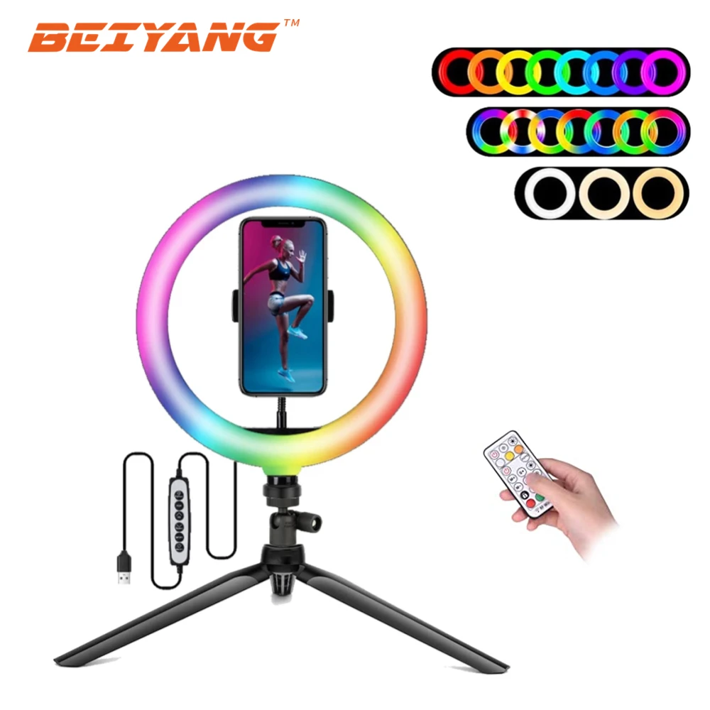 

BEIYANG 10inch/26cm Selfie Ring Light With Tripod Stand 26 Colors RGB Led Ring Lamp For Makeup YouTube Video Live Streaming Vlog