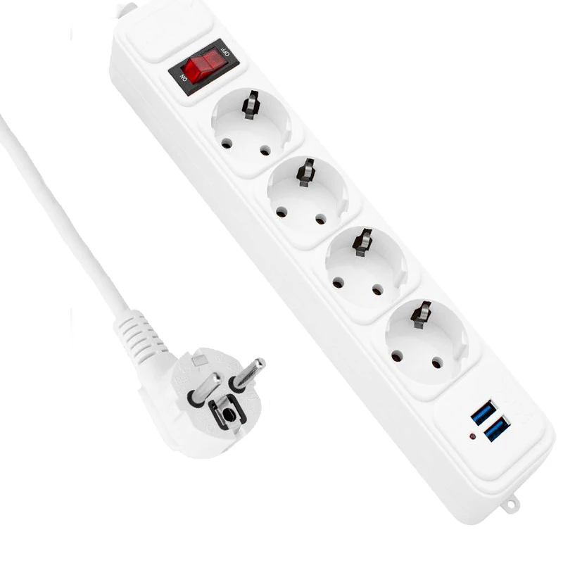 

Network Filter EU Plug Sockets 2500W 10A Power Strip Switch With 2M Extension Cord Surge Protector 4 AC Outlets 2 USB Charging
