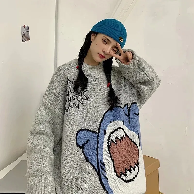 

Fashion Hip Hop Streetwear Sweaters Mens Anime Print Loose Pullover Sweatshirts Unisex Winter Warm Thick Fleece Knitwear Outwear
