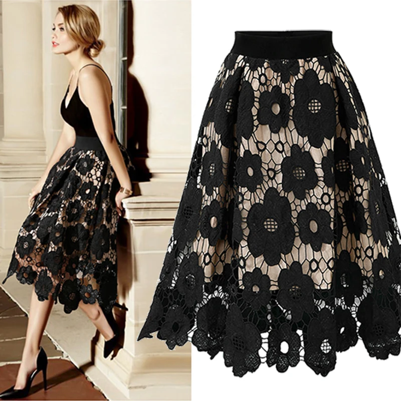 

Women M-4X Elegant Fashion Flower Embroidery Hollow Out Lace Skirts Womens Casual Sexy Skirt Party Black SkirtSpring and summer