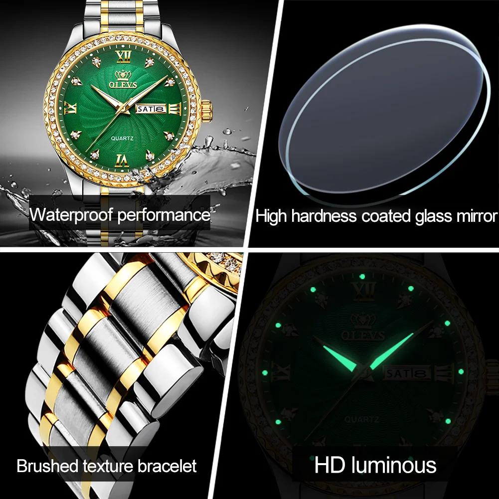 

Men's quartz wristwatch tungsten steel watchband business casual style waterproof with double calendar luminous hands male clock