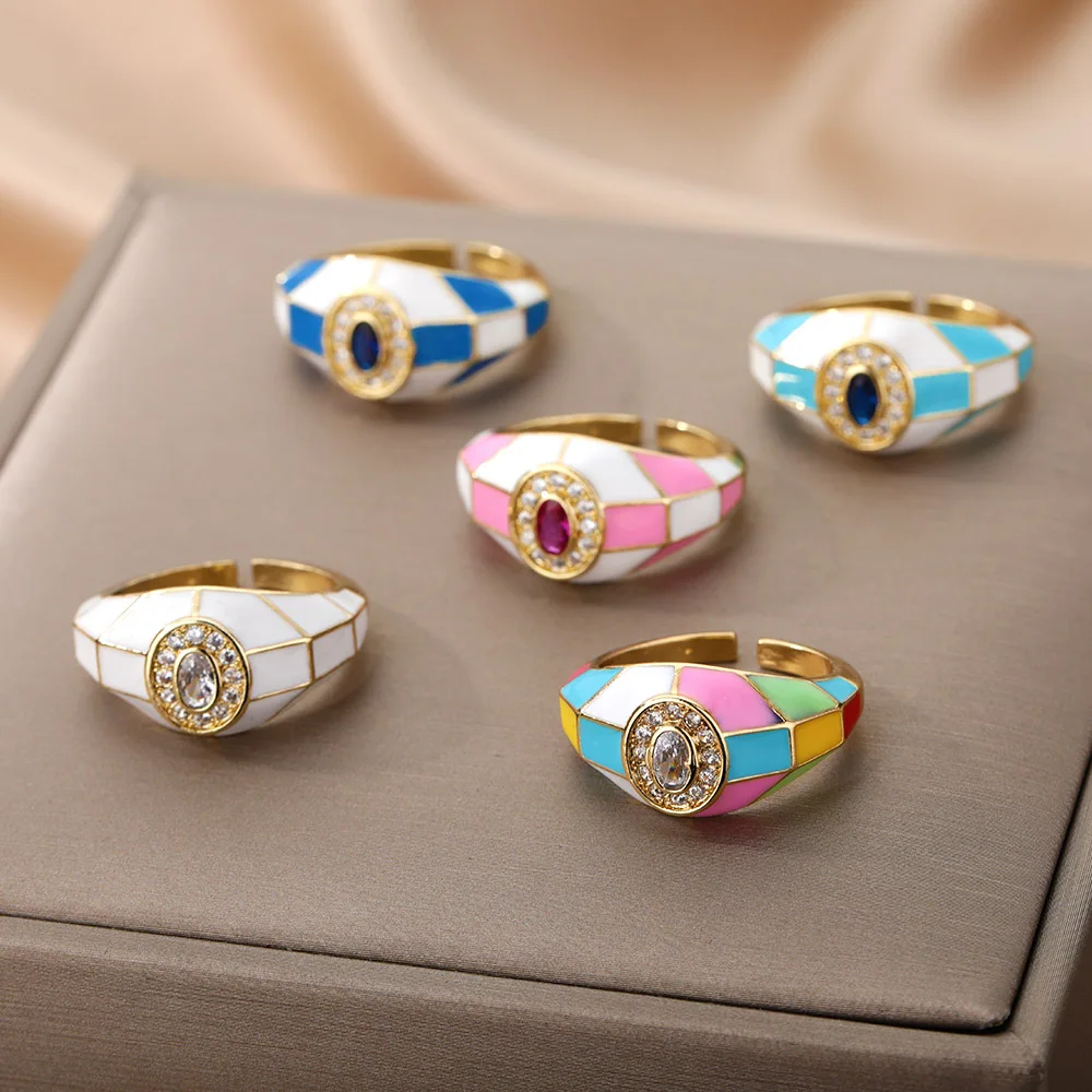 

Fashion Rings For Women Trendy Gold Color Enamel Stitching Open Ring Dainty All-match Finger Women's ring Geometric Jewelry Gift