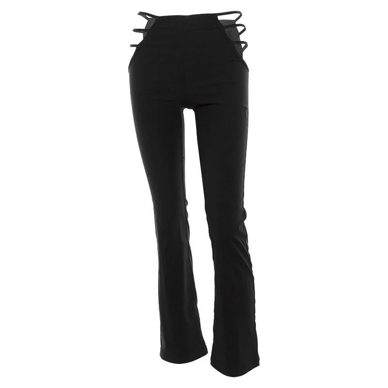 

Women Black Sexy Cut Out Holes Pants Slim Fitness Sweat Pants Flare Hollow Out Trousers Streetwear Capris Pants
