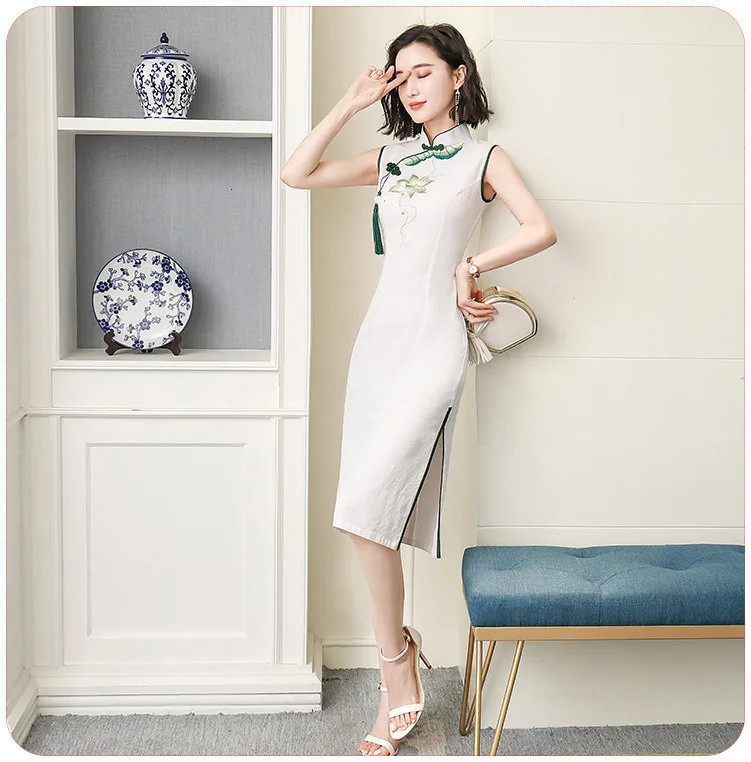 Sheng Coco дамы рами женское платье без рукавов Cheongsam платья Короткие классические без рукавов современное китайское платье Ципао белый без рукавов