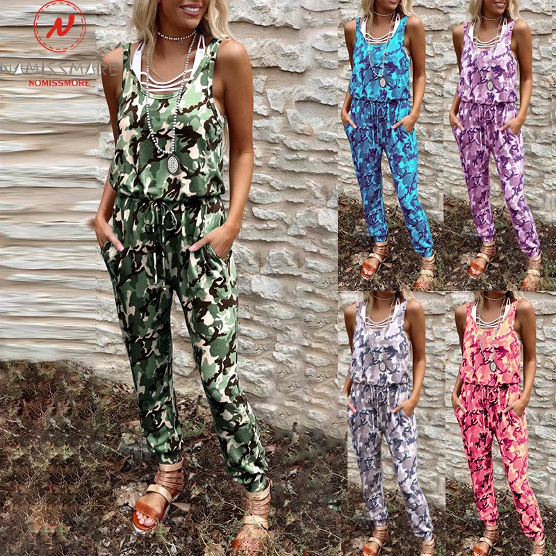 

Fashion Women Summer Casual Camouflage Print Jumpsuits Drawstring Design Pockets Decor O-Neck Sleeveless High Waist Jumpsuits