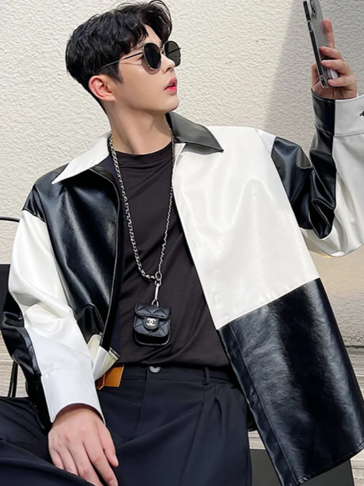 Мужская кожаная рубашка Повседневная Свободная контрастных цветов с отстрочкой