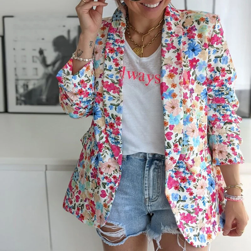 

Women Turn-down Collar Printed Suit Coat Casual Long Sleevees Cardigans Office Lady Streetwear Jackets Outerwear