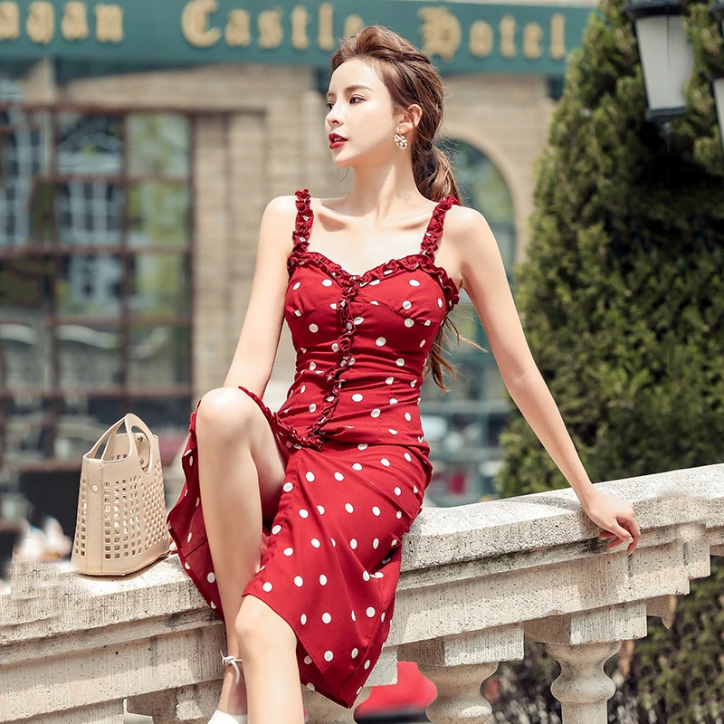

new arrival fashion office lady party dress women elegant summer sexy strap beach temperament dot split slim pencil dress