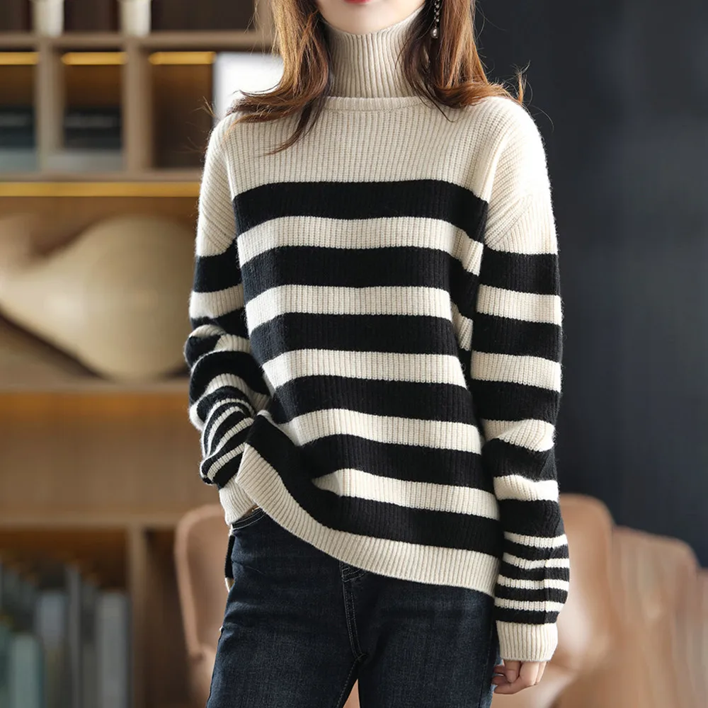 

2021 Fashion Women Stripe Knits Sweater Casual OL Commuter Long Sleeve Pullover Loose Round Neck Thick Autumn Winter Lady Tops