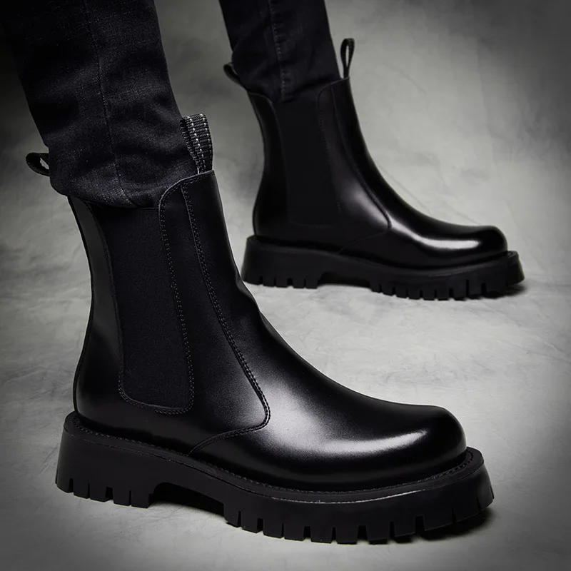 

men's luxury fashion punk stage dress platform boots black white shoes cowboy genuine leather boot handsome high top botas male