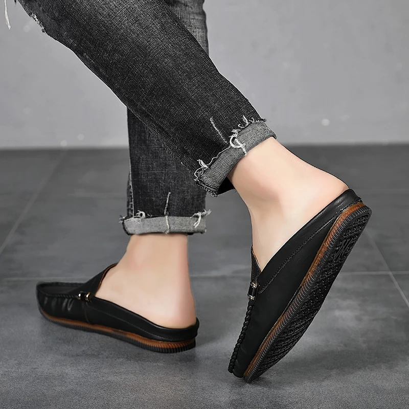 

Summer Half Shoes For Men Backless Loafers italian Fashion Casual Slipon Driving Shoes Men Brand Leather Breathable Slipper Shoe