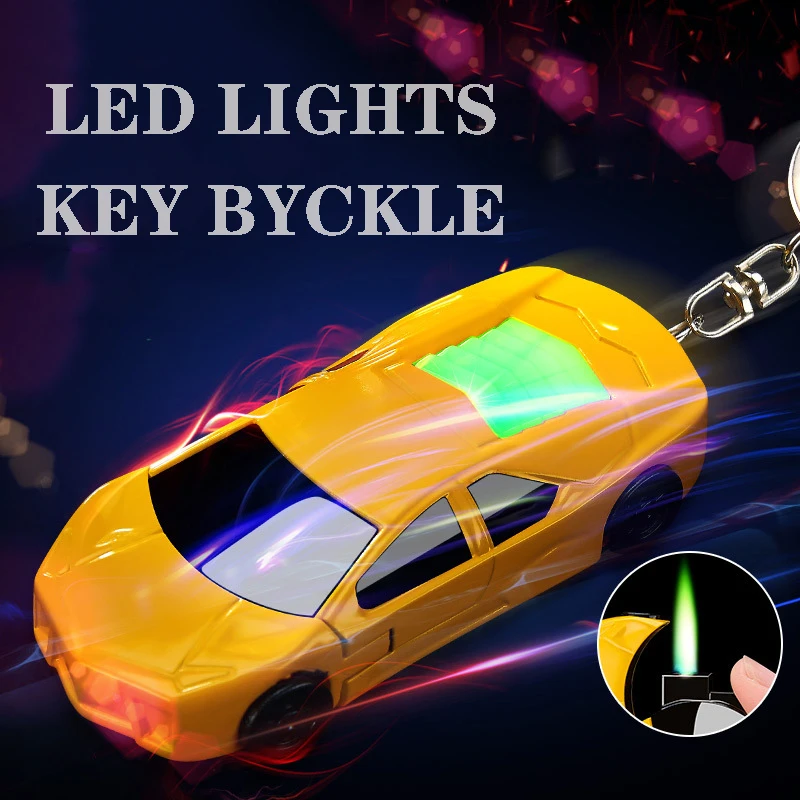 Creative sport car lighter gas inflate ignition with key buckle LED lights zinc alloy blue direct jet green flame smoking gift | Дом и сад