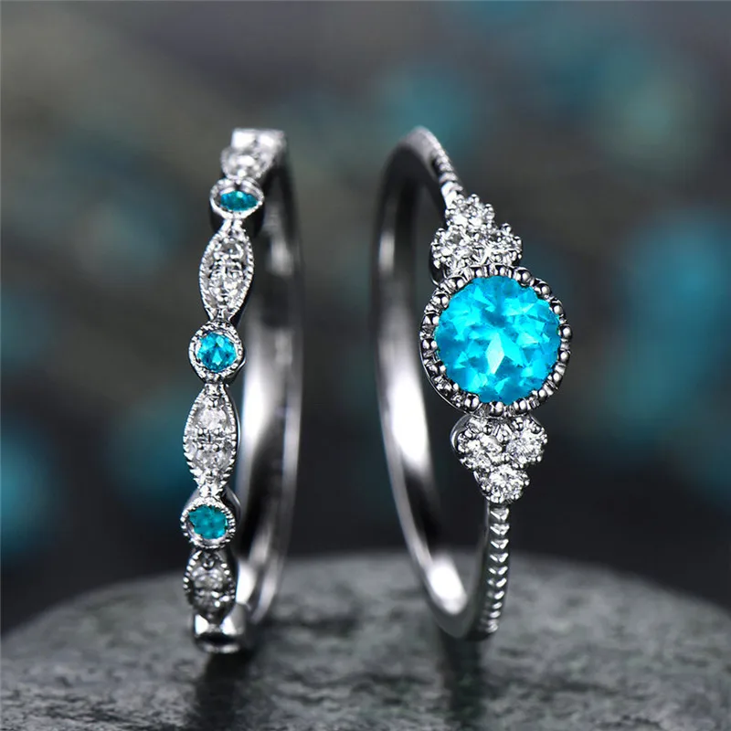 2pcs/set Zircon Silver Plated Ring Simple Luxury Jewelry For Women Girls Fashion Wedding Party Gifts Size 6-10 | Украшения и