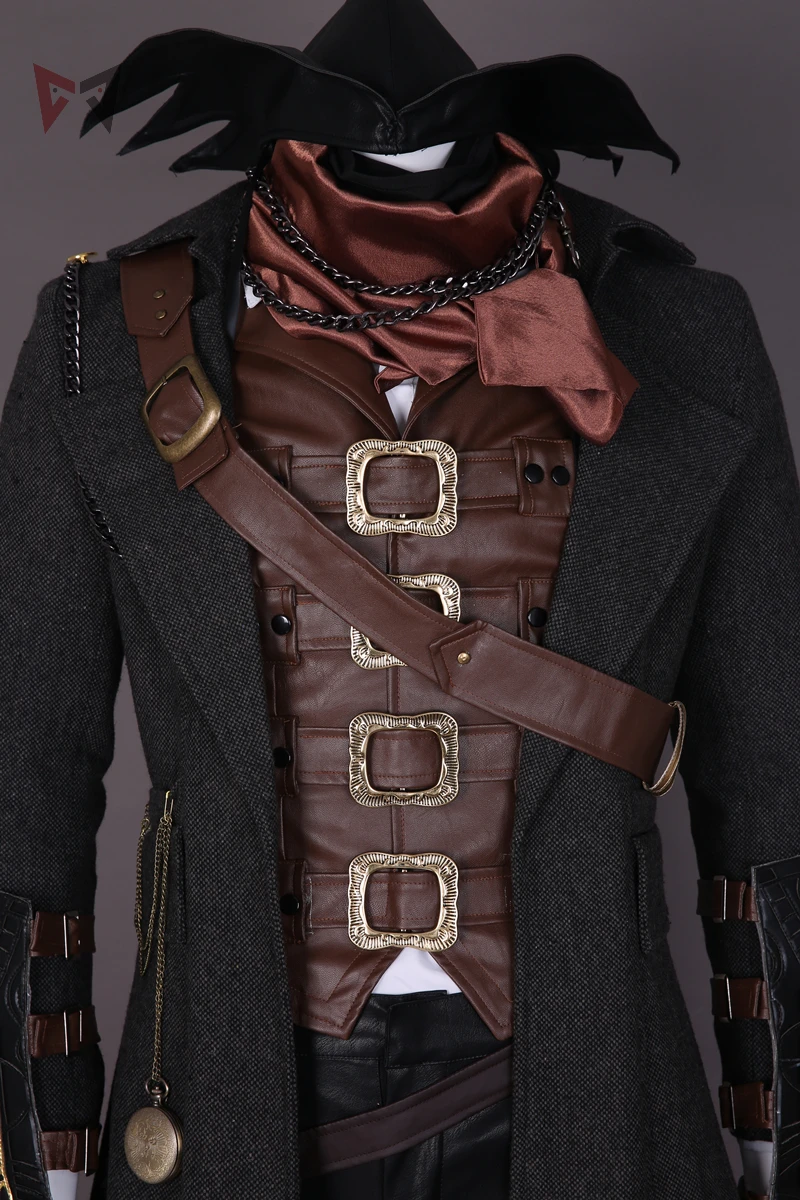 MMGG Bloodborne Косплей Охотник Ludwig Косплей Костюм кожаный жилет пальто брюки шляпа шарф часы ожерелье маска 14 шт. набор