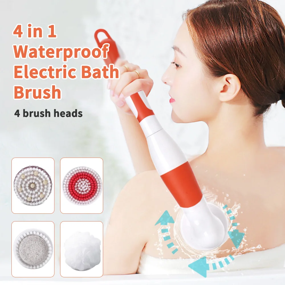 

4 In 1 Electric Shower Brush Set Waterproof Back Scrubber Body Cleaning Multifunctional Massage Bath Brush for Men Women
