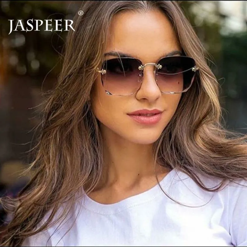 

JASPEER Rimless Rectangle Sunglasses Women Men Fashion Driving Sun Glasses Cutting Trimming Wave Lens Shades Sunglasses