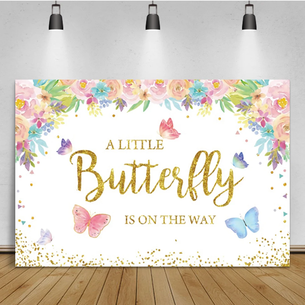 

Laeacco Birthday Background A Little Butterfly On The Way Watercolor Flowers Baby Show Portrait Custom Photographic Backdrop